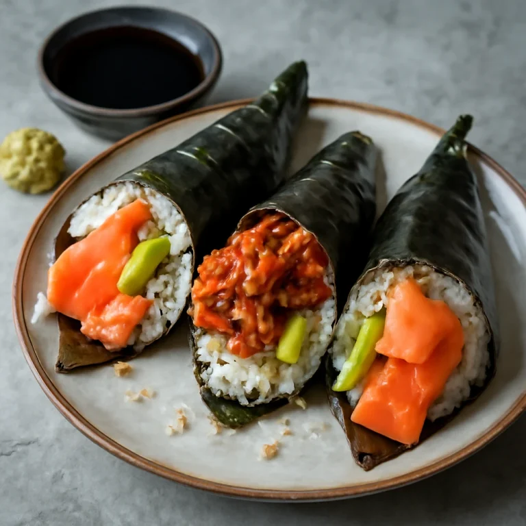 Temaki kimchivel, lazaccal és avokádóval tálalva