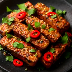 Sült tempeh szójaszószos marinádban, korianderrel és szezámmaggal