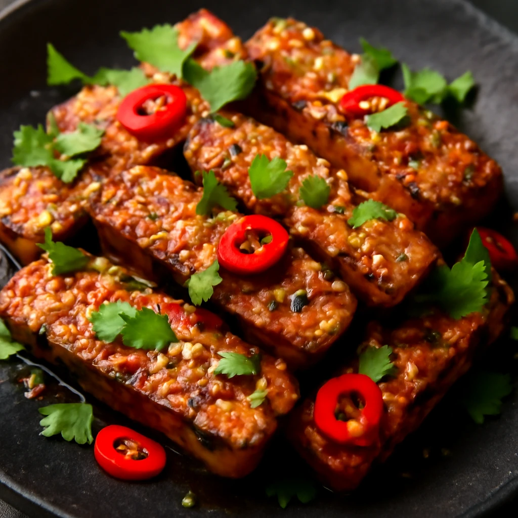 Sült tempeh szójaszószos marinádban, korianderrel és szezámmaggal
