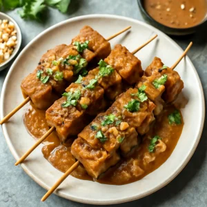 Finom tempeh satay mogyorószósszal, grillezett nyárs friss korianderrel