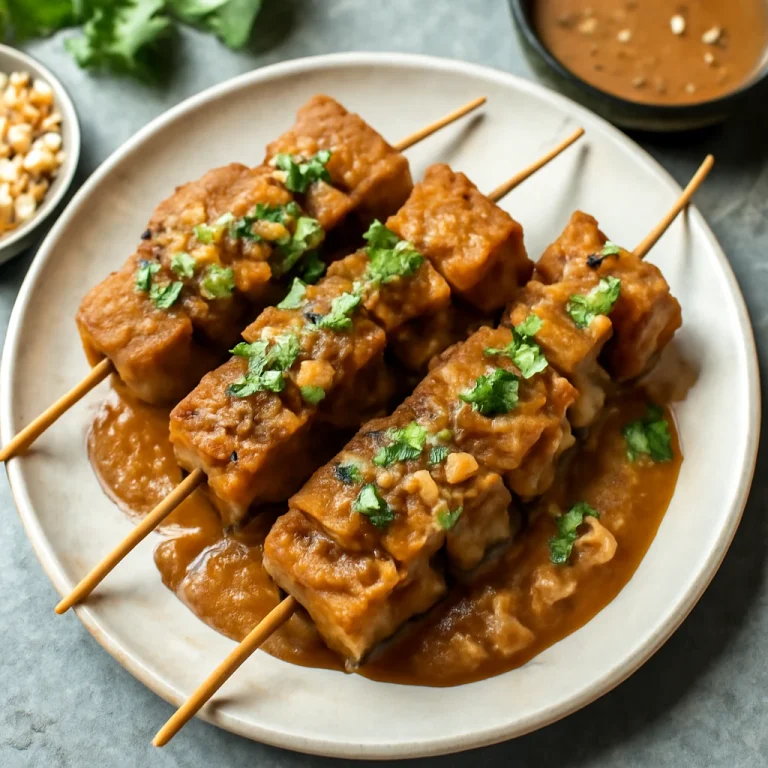 Tempeh satay mogyorószósszal, grillen sült tempeh nyárs mogyorószósszal tálalva