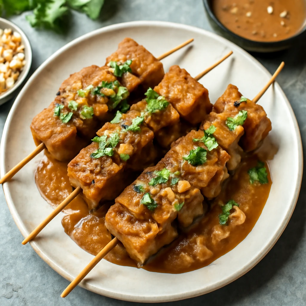 Finom tempeh satay mogyorószósszal, grillezett nyárs friss korianderrel