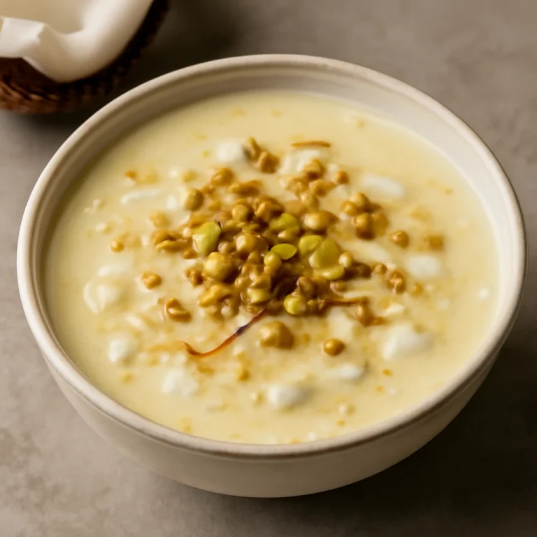 Tender coconut payasam, egy kókuszos indiai desszert tálban