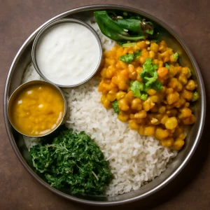 Indiai thali gazdag fűszeres étkezés, rizs és joghurt kombinációjával