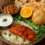 Punjabi stílusú thali tálalva naan kenyérrel, rizssel és tandoori csirkével