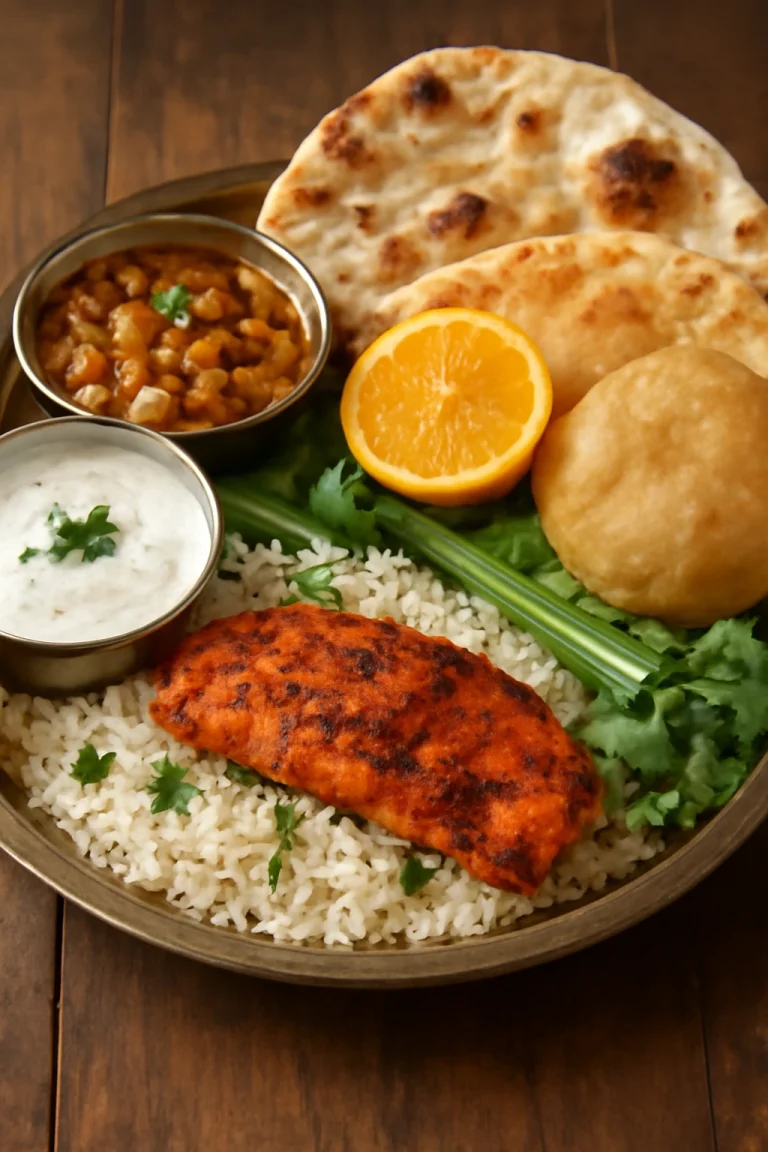 Punjabi stílusú thali tálalva naan kenyérrel, rizssel és tandoori csirkével