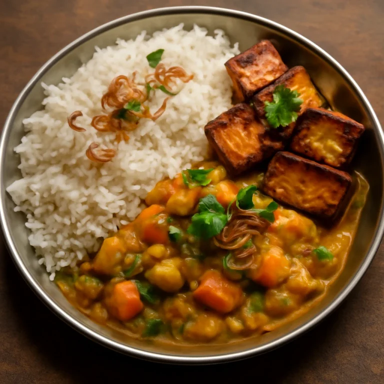 Thali dél-indiai stílusban, zöldségraguval, tofuból készült kísérővel, sült hagymával és friss korianderrel díszítve