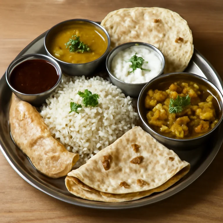 Thali észak-indiai stílusban, basmati rizzsel, aloo gobival, dal-lal, chapatival és pappadammal