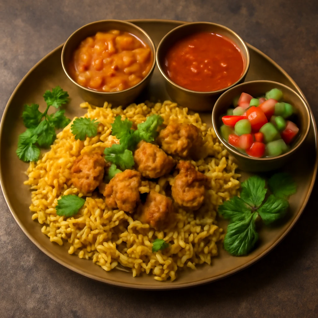 Kashmiri thali, csirkehússal és friss korianderrel