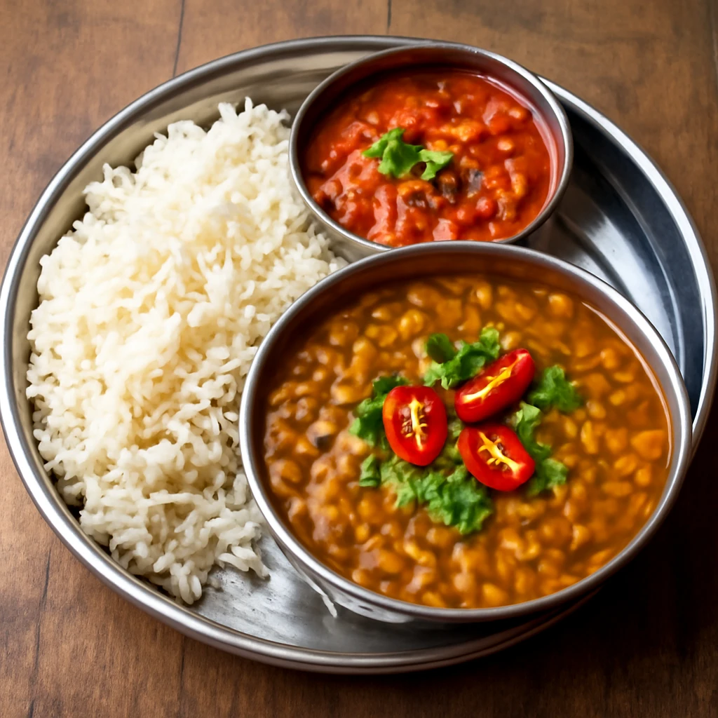 Indiai thali maharashtrai stílusban, rizssel és fűszeres lencsével