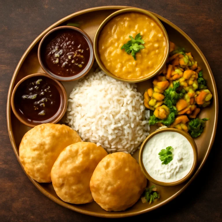 Thali oriya bhog stílusban, indiai étkezés rizssel, lencsével, pirított zöldségekkel és purikkal