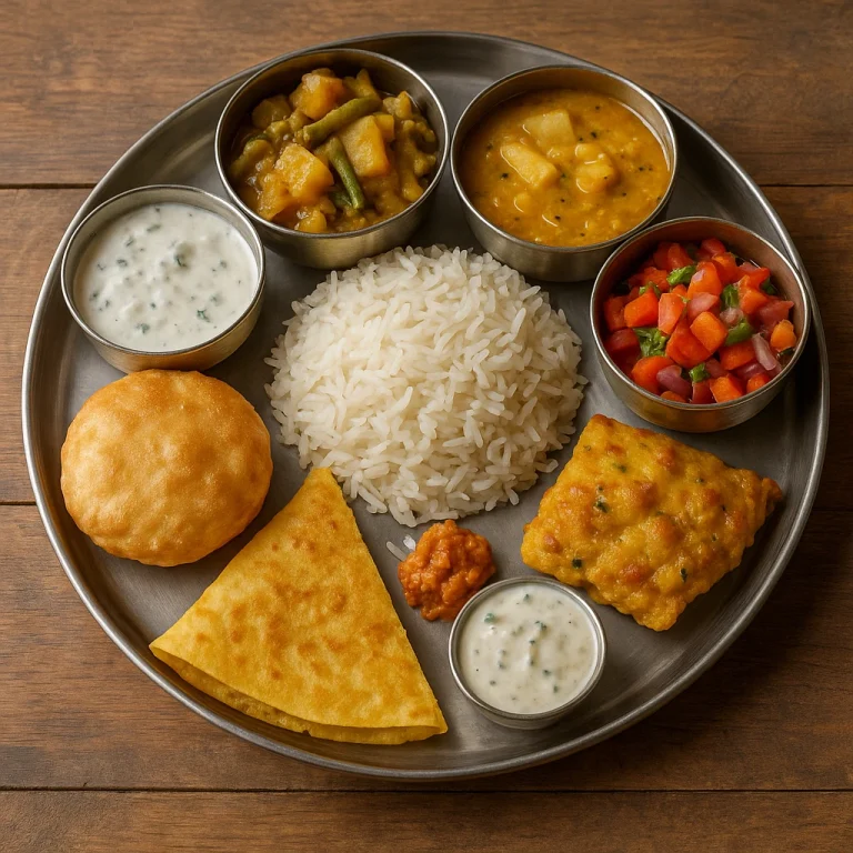 Thali tamil módra, változatos indiai ételekkel tálalva fémtálcán: rizs, curryk, kenyérfélék, csatnik