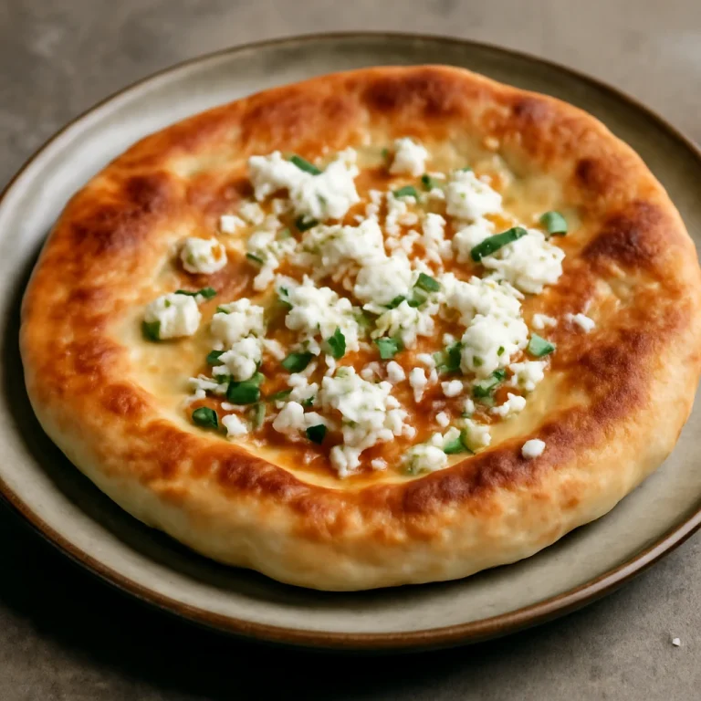Tiganopsomo feta sajttal és fokhagymával tálalva, aranybarna, ropogós réteggel