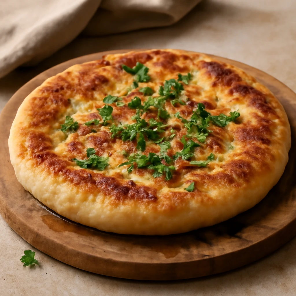 Görög sajtos kenyér, feta és graviera sajttal, friss oregánóval tálalva.
