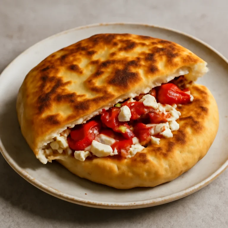 Tiganopsomo feta és sült piros paprikával, tálalva friss kenyérrel és ropogós feta sajttal.