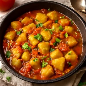 Fűszeres tinda paradicsommal, friss korianderrel díszítve