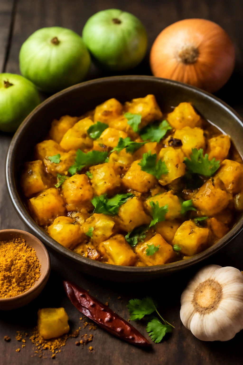 Frissen készült tinda sabzi, gazdag kurkumában és curry levelekben