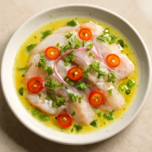Friss hal tiradito lime-lével, chili és koriander díszítéssel