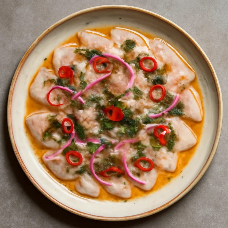 Tiradito klasszikus, friss hal lime levével és fűszerekkel tálalva