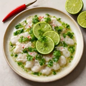 Friss tiradito korianderrel és lime levével tálalva