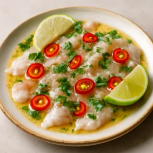 Friss tiradito szezámolajjal, lime-mal és korianderrel díszítve