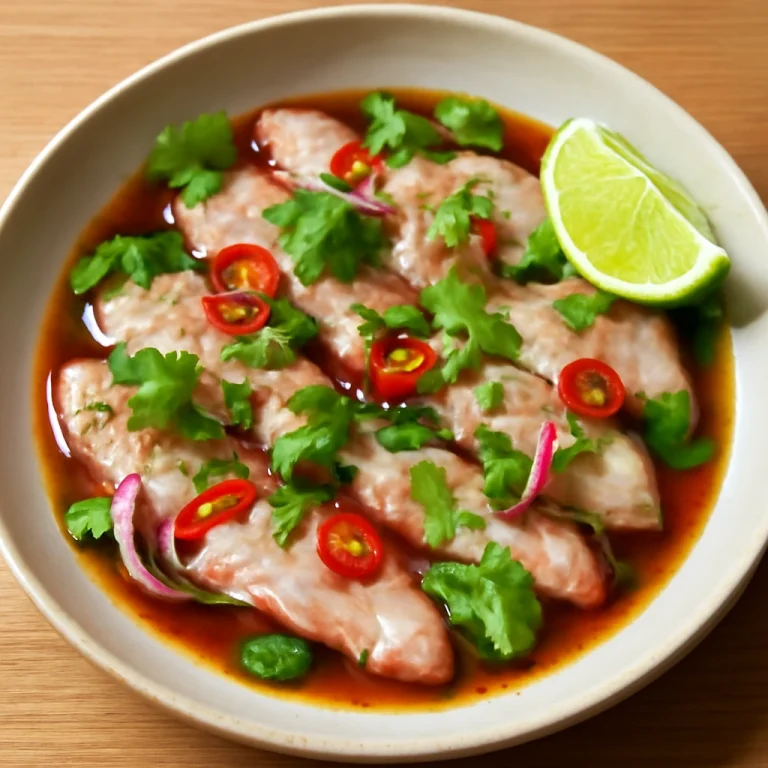 Tiradito tamari és mirin szósszal, tálalva friss korianderrel és lime-mal