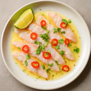 Friss tiradito hal yuzu szósszal és friss fűszerekkel