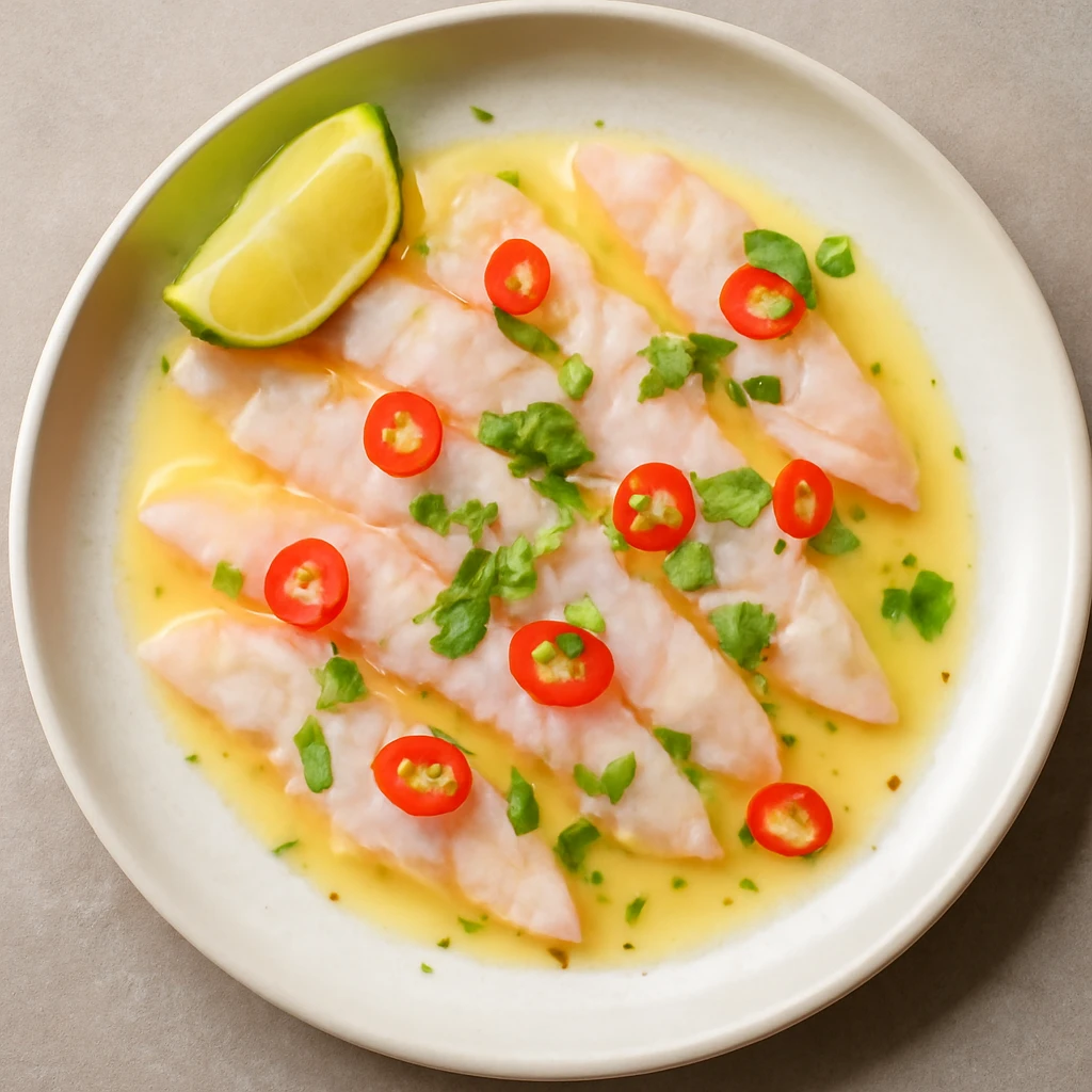 Friss tiradito hal yuzu szósszal és friss fűszerekkel