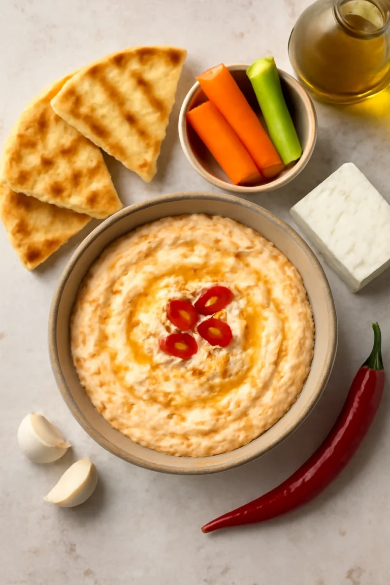 Tirokafteri feta sajttal és joghurttal, gazdag feta sajtkrém tálalva pita kenyérrel és zöldségekkel