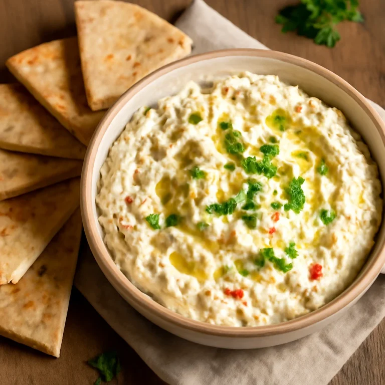 Gluténmentes tirokafteri feta sajttal és joghurttal, pita darabokkal tálalva
