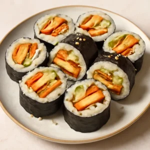 Vegán gimbap, tofuval és friss zöldségekkel