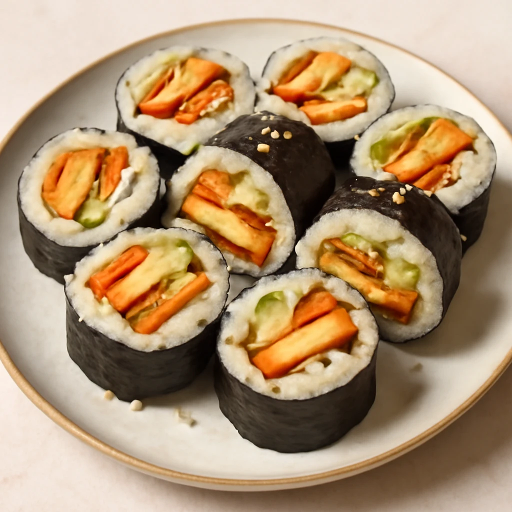 Vegán gimbap, tofuval és friss zöldségekkel