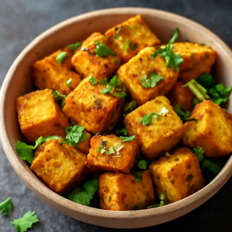Tofu rántva csicseriborsó liszttel, ropogós tofu darabok friss korianderrel tálalva