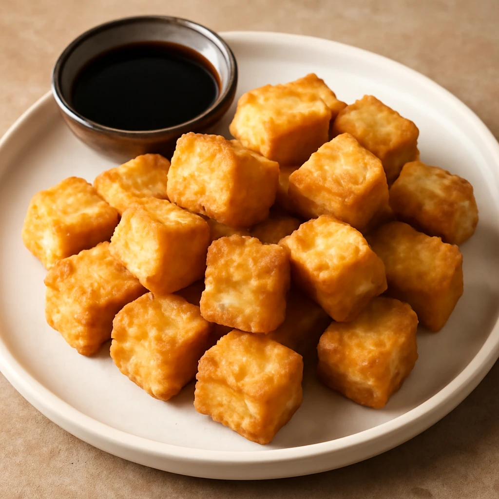 Friss, ropogós tofu szójaszószban tálalva