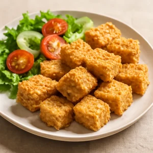 Ropogós tofu, friss salátával tálalva