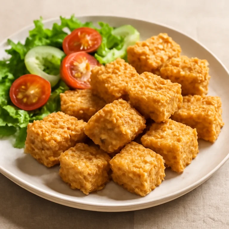 Ropogós tofu zabkorpában, friss salátával tálalva