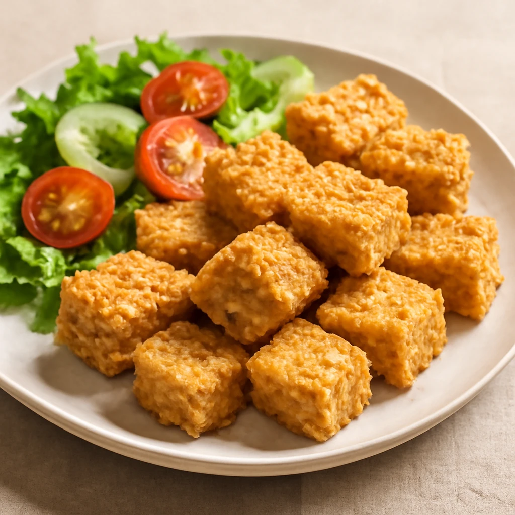 Ropogós tofu, friss salátával tálalva