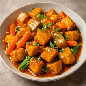 Kínai stílusú édes-savanyú tofu zöldségekkel és szezámmaggal