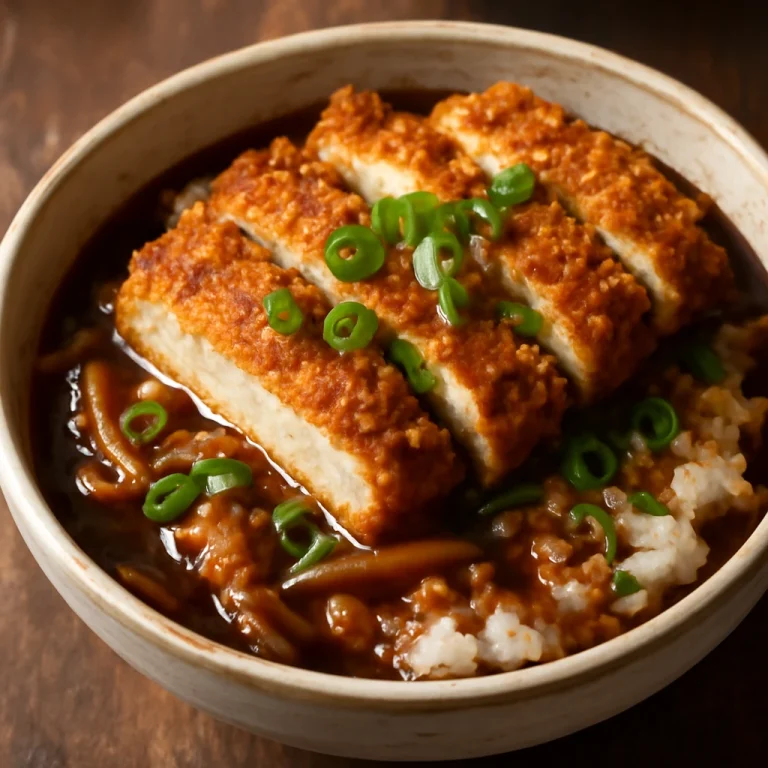 Tofu töltelékű katsudon szójaszószos szószban, friss zöldhagymával tálalva