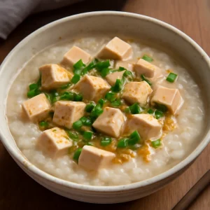Friss kínai Tofuval készült Congee rizs kása tofut, fokhagymát és gyömbért tartalmaz