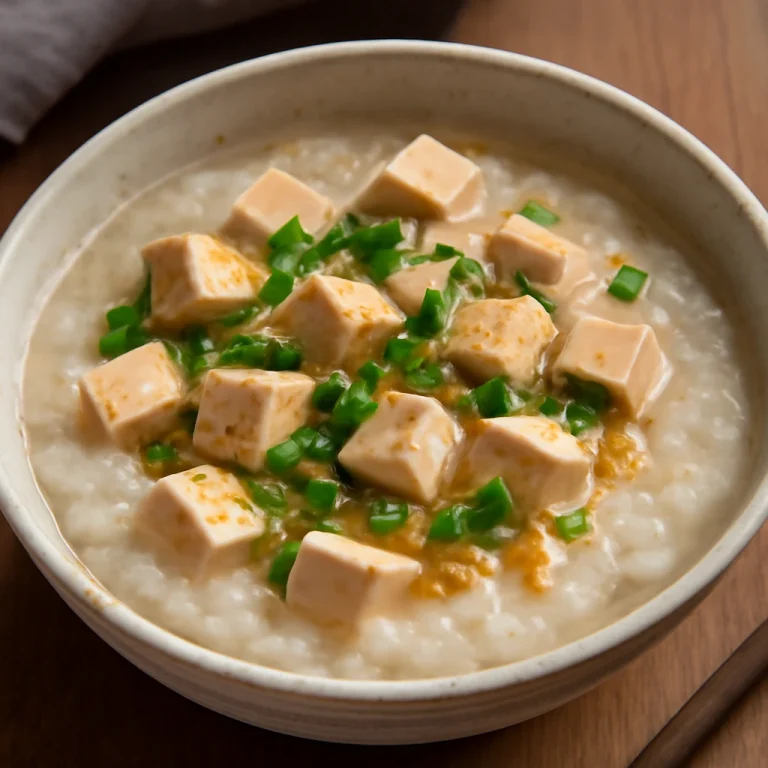 Tofuval készült Congee, kínai rizs kása tofut, fokhagymát és gyömbért tartalmaz