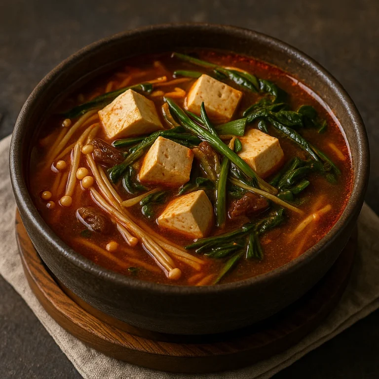 Fűszeres tofu Yukgaejang leves enoki gombával és zöldségekkel tálalva