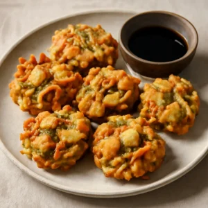 Ropogós tofu kakiage, friss szójaszósszal tálalva