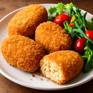 Ropogós tofu korokke, vegetáriánus étel, friss salátával tálalva