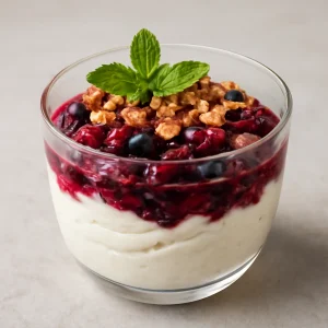 Friss, egészséges tofu sundae bogyós gyümölcsökkel