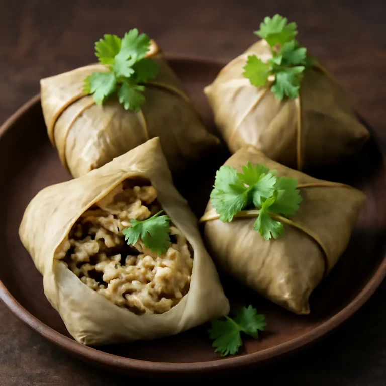 Tofuval készült zongzi gőzölve, friss korianderrel