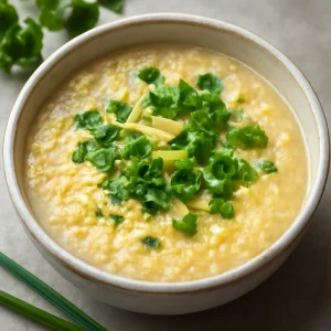 Finom tojásos congee friss korianderrel