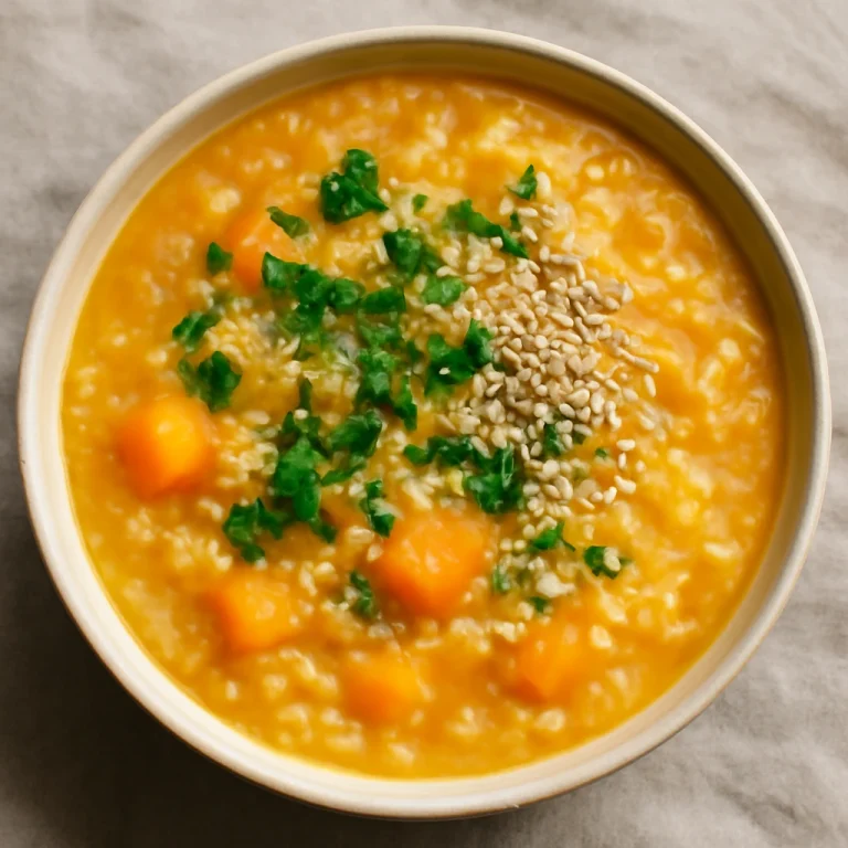 Tökös congee, tálalva friss korianderrel és szezámmaggal
