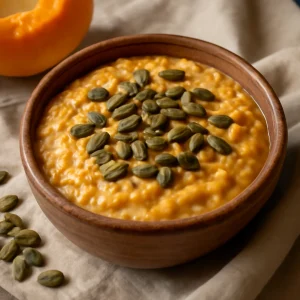 Indiai tökös kheer desszert, pirított tökmaggal