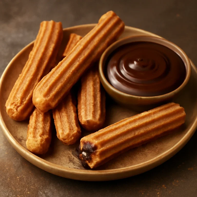 Töltött churro aranybarna, ropogós külsővel és csokoládékrémmel tálalva